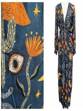 ZL Europe Womens Size S Evil Eye V-Neck Tie L/S Front Slit Bohemian Maxi Dress